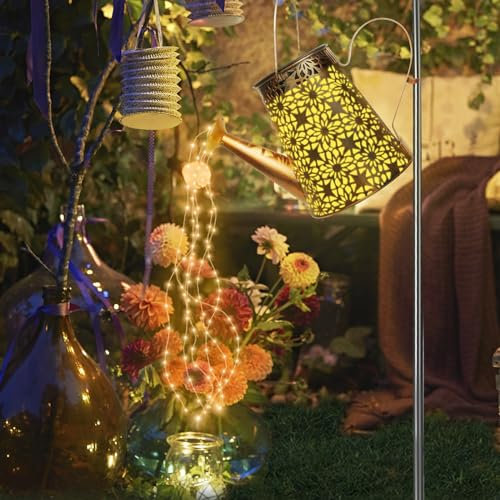 FLSEPAMB Watering Can Solar Lights Garden, 90+1 LED Solar Garden Ornaments Outdoor Light, IP65 Waterproof Warm Watering Can with Cascading Lights for Pathway, Patio(with Bracket)