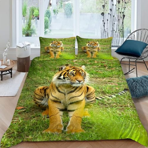 MAQUE Wilde Tiere BettwäSche 135x200 Tiger 3D-gemustertes Mikrofaser Bettwäsche-Sets, Weich Bettbezug mit Reißverschluss und 2 Kissenbezüge 80 x 80cm