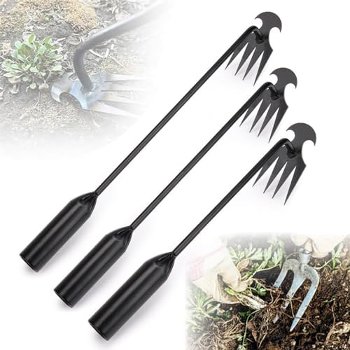 Weed Puller Tool, Weeding Artifact Uprooting Weeding Tool, Garden Weeder Tool 4 Teeth Manganese Steel Forged, Weed Master Weeding Tool, Weed Removal Tool for Vegetable Backyard Farm (Black-3pcs)