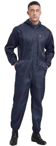 Aislor Herren Overall Arbeitsoverall Langarm Jumpsuit mit Kapuzen Hooded Arbeitsanzug Schutzanzug Wasserdichter Arbeitskleidung Navyblau M