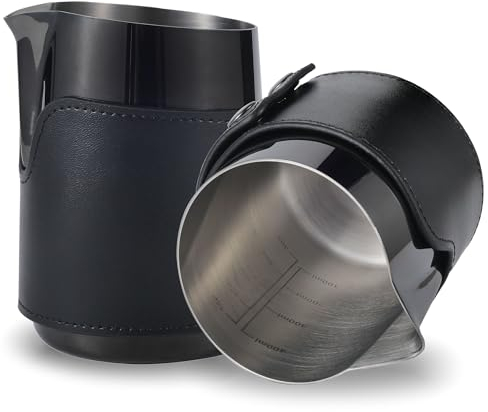 KNODOS Milk Pitcher Handleless Latte Steaming Pitcher (Black, 400ml, 14oz) with Leather Sleeve Stainless Steel Milk Frothing Jug