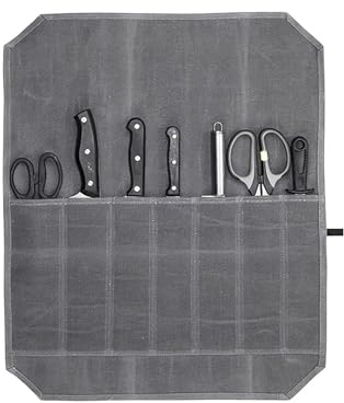 Bamyli Chefs Knife Roll Bag,12OZ Waxed Canvas Knife Bag, 7 Slot Chef Bag Large Capacity Easy Carry, Tool Roll Cutlery Tool Case for Pro Chefs or Culinary Enthusiasts,Gifts for Men Dad Father (Grey)