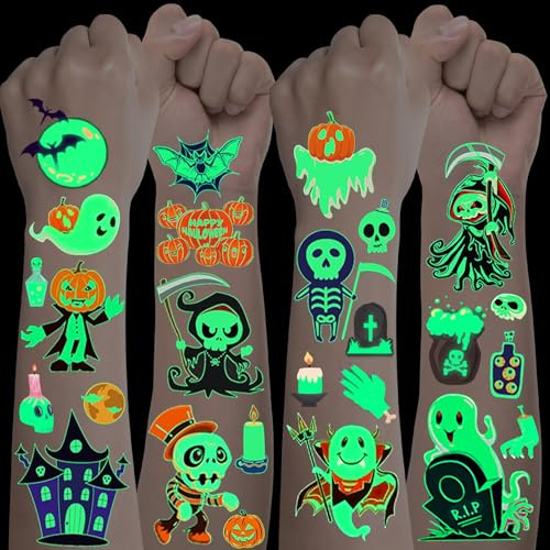 Halloween Tattoo Kinder, Leucht Halloween Deko Halloween Tattoo Gesicht Kinder, Temporäre Tattoo Aufkleber, Halloween Party Mitgebsel für Jungen Mädchen