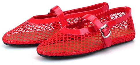 Adrizzlein Mesh Ballet Flats for Women Fishnet Ballerina Flats Buckle Strap Mesh Ballet Shoes Wide Width Casual Summer Dress Flat Shoes