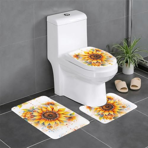 WZYWHJ Badezimmermatten-Set mit gelben Sonnenblumen in Ölbild, rutschfest, langlebig, leicht zu reinigen, geeignet für Bad und WC, 4 Stück