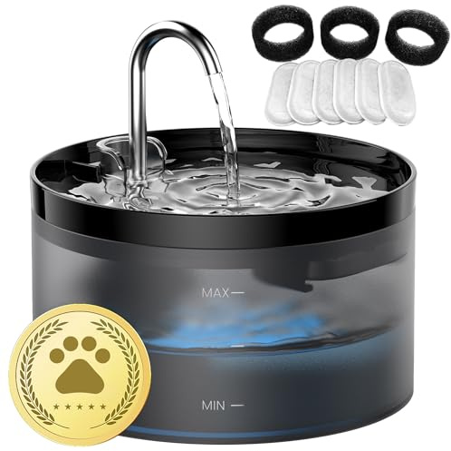 Fontaine à Eau GIOTOHUN: Fontaine pour Chat avec Forme de Robinet, 64oz Distributeur Eau, Pompe à Eau Silencieuse, Filtre à Poils, Deux Débits d'eau, Noir，6 Filtres + 3 Éponges