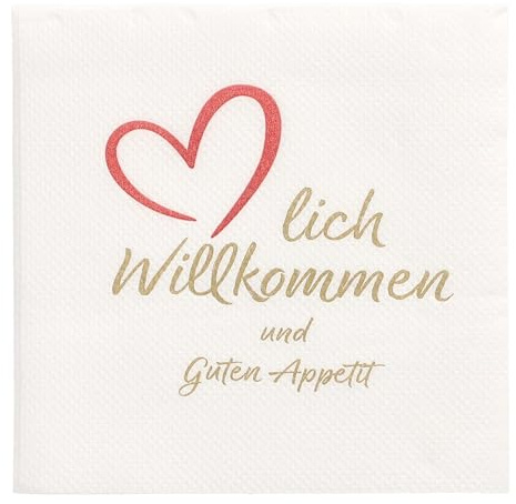 125 Servietten, 2-lagig PUNTO 1/4-Falz 20 cm x 20 cm weiss Herzlich Willkommen & Guten Appetit mikrogeprägt, PAPSTAR