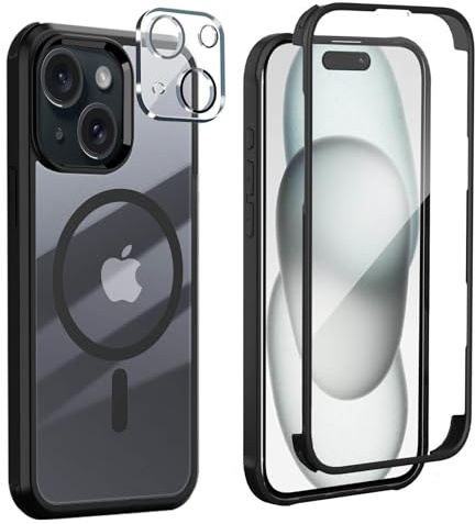 Leedia Case Compatible con Magsafe Funda iPhone 15 + 2 Protectores de Cámara 360 Grados Antigolpes con Protector de Pantalla Integrado Vidrio Templado Robusto Completa Carcasa para iPhone 15 Negro