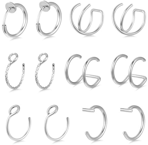 12 piezas de conjunto de anillos de piercing nasal falso Anillo nasal fino Anillo de labio Piercing Anillo nasal Plata Anillos de piercing nasal Joyería de acero inoxidable Anillos nasales Anillo de