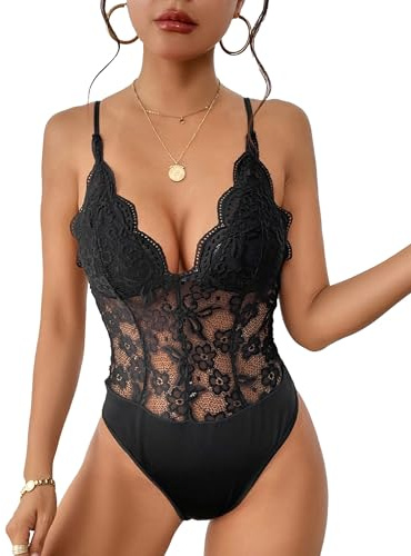 Everbellus Body Sexy de Encaje Floral para Mujer, Body con Corsé y Escote en V Profundo, Camisetas sin Mangas de Malla Transparente con Tirantes Finos Ajustables Negro Large