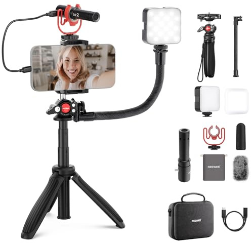 NEEWER iPhone Vlogging Set, Inhalt Ersteller unverzichtbares Kit für YouTube mit LED Licht, Selfie Stick Reisestativ, Flexibler weicher Schlauch, USB C Nierenmikrofon für Handy Android Podcast, PA045