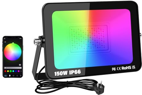 RIGIDON 1X 150W RGB projecteur led extérieurs App & IR télécommande 15000lm | exterieur & interieur, couleur RGBW, lumière de projecteur, minuteur neon spot led, pour jadin, terrasse, patio, IP66 étanche