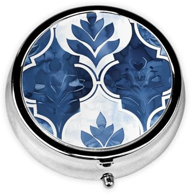 CSIVKEJ Pilulier rond à 3 compartiments avec imprimé mandala bleu, sac à main de poche, sac à main, mini voyage médicament, tablette et vitamines