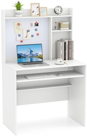 GIANTEX Computertisch, Schreibtisch mit magnetischer Pinnwand, Regale, Tastaturablage, 89 x 50 cm Bürotisch für Schlafzimmer, Arbeitszimmer (Weiß)