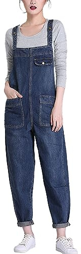 Vanchenl Women's Casual Loose Denim Dungarees Bib Adjustable Jeans Overalls Romper Jumpsuit Harem Trousers, darkblue, S