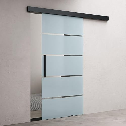 doporro Glasschiebetür Komplettset 102,5x205cm ESG-Glas Milchglas-Streifen | Schiebetür mit Schwarz Stangengriff | 25mm Wandabstand | Edelstahl Türgriff | Aluminium Abdeckblende | Amalfi-plus 13