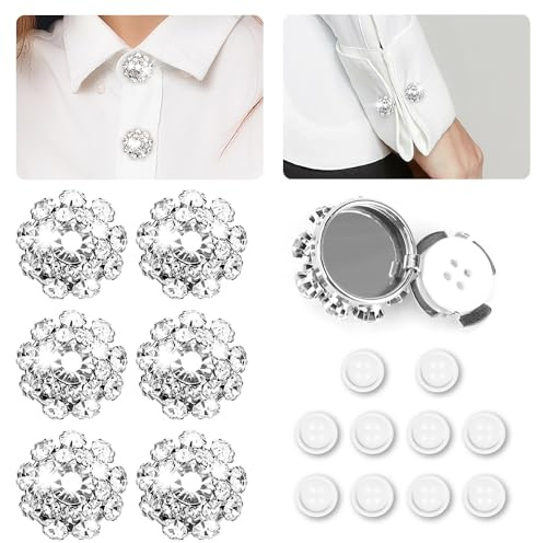 6 Sets Rhinestone Button Covers, Silver White Diamante Crystal Buttons for Women, Sewing Buttons DIY Button for Blouses, Coats and Dresses, Includes 10pcs 20L 12.5mm Sewing Buttons