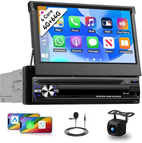4+64G Single Din Android Car Stereo Wireless CarPlay Android Auto, 7 Inch Flip Out Touch Screen 1 Din Bluetooth Car Radio, GPS Navi, WiFi, DSP, FM/RDS, USB/AUX, Mirror Link SWC+ Backup Camera Mic