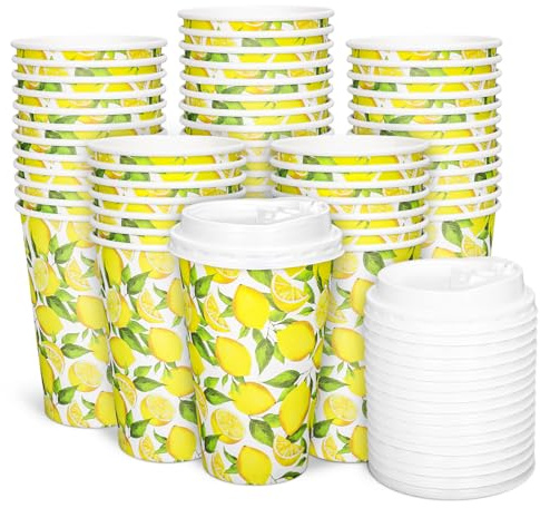 Whaline Lot de 50 gobelets en carton jetables avec couvercles pour boissons chaudes et froides, pour anniversaire, vacances, 473 ml