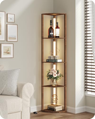 GOEBLESON Floor Lamp with Shelves, 4 Tier Wooden Standing Lamp, 360° Rotatable Pole, 3 CCT & Dimmable Corner Floor Lamps for Bedroom, Living Room, Study, Office, Rustic Brown ZF54LDK05