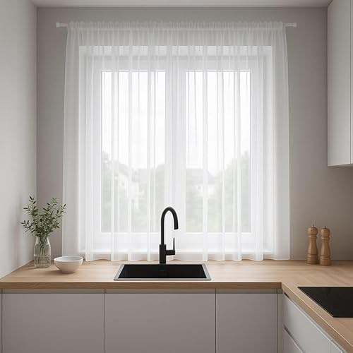 Gardinen Vorhangen Weiß Voile 250x160 cm (BxH) Transparent Kurze Lange Kräuselband 1:2 Glatt Ohne Muster