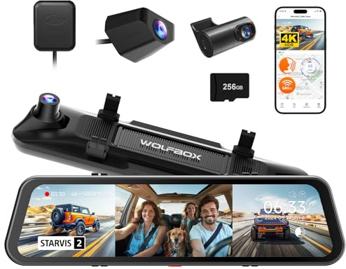 WOLFBOX G900 Tripro 3 Channel 4K Rear View Mirror Camera,8MP STARVIS IMX678 | 12'' 4K+1080P+2.5K Front Inside and Rear Mirror Dash Cam, Voice Control,Cabin Version, 5.8GHz WiFi, Includes 256GB Card