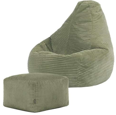 Icon Dalton Cord Sitzsack Kinder und Hocker mit Füllung, Grün | In Deutschland Hergestellt, Sitzsack Sessel, Weicher Cordstoff, Kinder Sessel für Kinderzimmer und Schlafzimmer