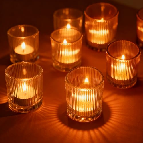 12 Stück Teelichthalter Glas Kerzenhalter, Windlichter Tischdeko 5.5x6.5CM Teelicht Halter Elegante Teelichtgläser für Valentinstags Tischdekoration HomeDeco Party Wedding(Transparent)
