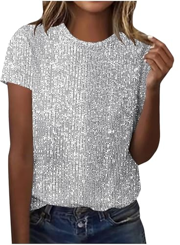 Glitzer T-Shirt Damen Pailletten Druck Bluse Modisches Pullover Glitzer Print Oberteile Rundhals Tunika Tops Kurzarm Shirt Farbverlauf Pulli Locker Atmungsaktiv Streetwear Karneval Kleidung