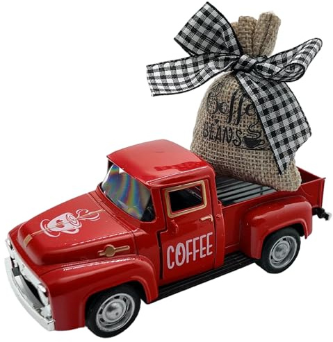 Peosaard Rotes Auto, roter LKW, Weihnachtsdekoration, Spielzeug-Lastwagen aus Legierung mit Kaffeebohnensack, Festliche Atmosphäre, weihnachtliche Tischdekoration für Zuhause, Café, Autos, Spielzeug