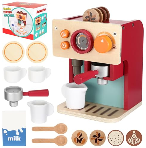 Exsink Cafetera Juguete de Madera, Juego de rol de Barista, Accesorios de Cocina de Madera para Niños, Regalos Educativos para Niños Niñas 3 4 5 Años