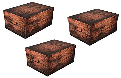Kreher 3 Stück XXL Dekokarton DARK WOOD in schöner, dunkler Holzoptik - Tolles Motiv, passt in jeden Haushalt! Edel und hochwertig! Mit Griffen zum Tragen und XXL Volumen!