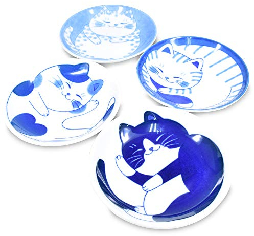 Product of Gifu Japan Mino Ware Japanese Mini Side Condiment Plate, Sushi Soy Sauce Fruit Cake, NEKOCHIGURA Cat Design, 3.9 inch, 4 Pattern Set