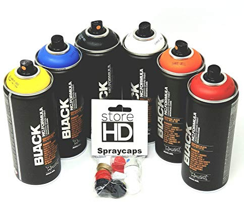 Montana Black Sprühdosen Set, 6 Wildstyle Farben + 10 Ersatzsprühköpfe - 6 x 400ml