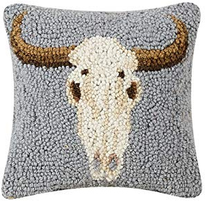 Peking Handicraft 30TG530C08SQ Blown Filled Hook Pillow, 8-inch Square, Wool and Cotton (Cow Skull)