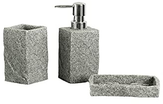 Badezimmerzubehör-Set, einschließlich Küchenseifenspender, Badezimmerseifenspender, Seifenschale, Tasse, Granit (grau-3)