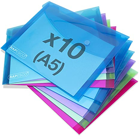 Rapesco 1679 ECO Recycelte Dokumentenmappe mit Druckknopf, A5, Sortierte Transparente Farben, 10 Stück
