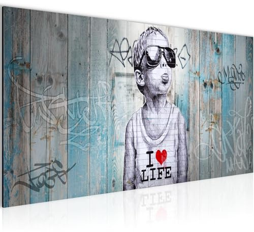 Runa Art Wandbild Banksy-Style Graffiti Junge 1 Teilig 100 x 40 cm Modern Bild auf Vlies Leinwand Street Art Loft Wohnzimmer Blau 039812a