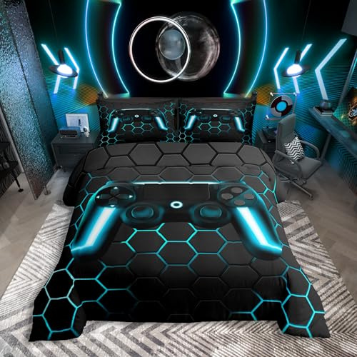 Gamer Bettwäsche Sets für Jungen,Gaming Bettbezug Set 155x220,Kinder Videospiele Trösterbezug,Geometrisches Wabenbett Set für Teen Jungen Schlafzimmer,Gamepad Controller,2 Stücke mit 1 Kissenbezug