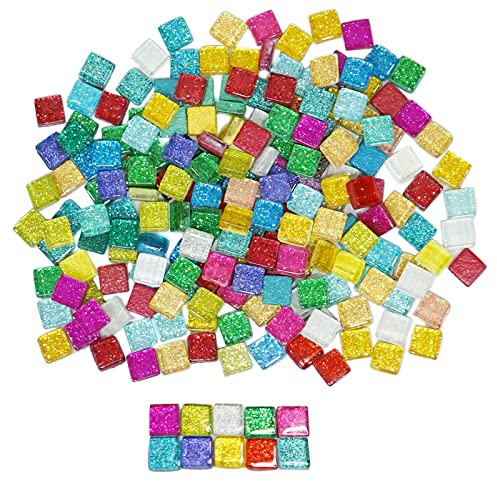 Bunte Glasmosaikfliesen,Bulk-Quadrat Mosaiksteine Glitzerkristall Glasstücke,Glasfliesen Glassteine für Basteln, Haus Deko, 200g, 1 x 1 cm(Panchromatisch)