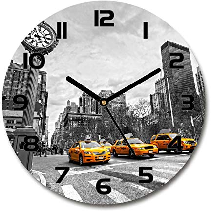 Tulup Glasuhr ⌀ 60cm - Schwarze Zeigern - Wanduhr Wandkunst Bild Gehärtetem Glas Uhr Echtglas Küche Wohnzimmer - Taxis New York