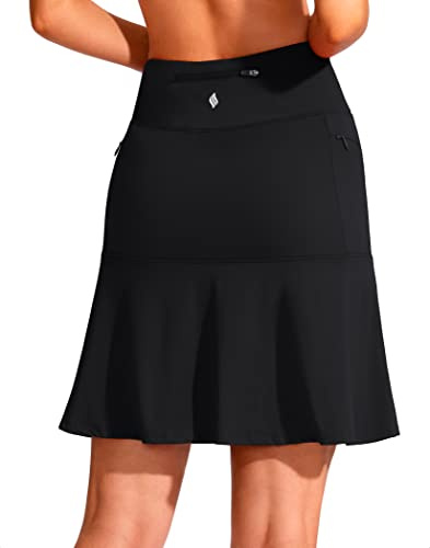 SANTINY High Rise Zipper Knee Length Black XXL Nylon Golf Skort for Women