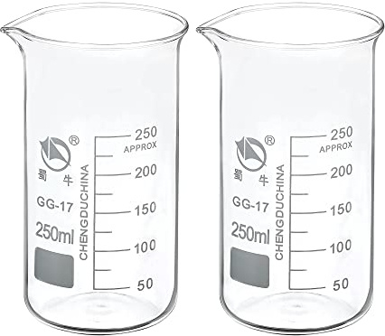 PATIKIL 250 ml glasbägare, 2-pack 3,3 borsilikatglas graderad tryckt skala mätkoppar med pip för kökslaboratorievätskor transitkokning