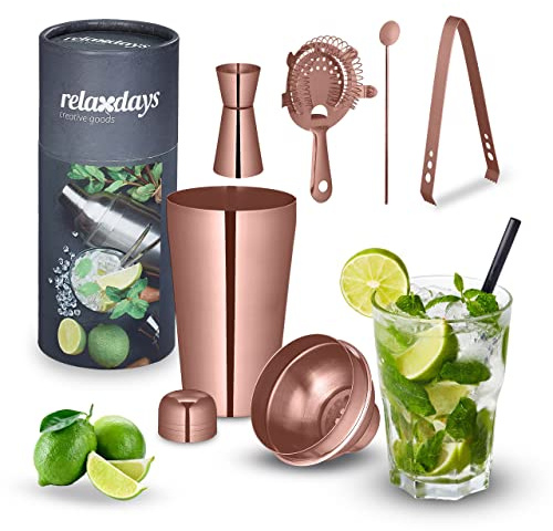 Relaxdays 5-Teiliges Cocktail Shaker Set Kit Coctelería 5 Piezas, Juego de Bartender de Acero Inoxidable, para Hogar, Accesorios de Bar, Bronce, 25,5 x 10,5 cm