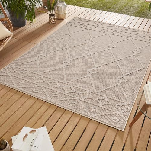 SIMPEX In & Outdoor Bouclé Teppich wetterfest Beige 120x170 cm Skandinavische Boho Design 3D Hoch Tief Effekt für Wohnzimmer Esszimmer oder Balkon