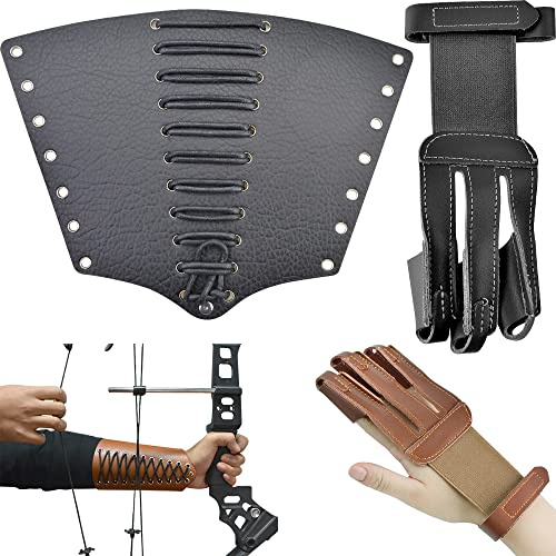 Wolfman Bågskytte, armskydd, handskset, traditionell 3 fingerskydd, fingerflik, justerbar armskydd, skyddsutrustning för utomhusjakt, övning (svart)