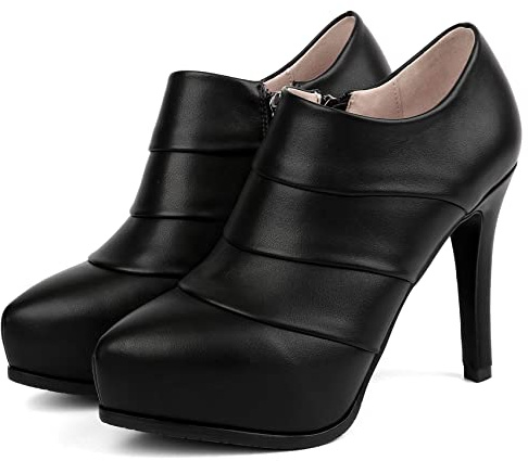 SHEMEE Womens Stiletto High Heels Ankle Booties Heeled Platform Pumps Thin Heel Round Toe Zipper Short Boots Work Office Dress Shoes(Black-pu,US 8)