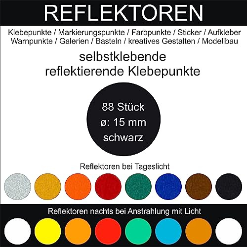 88 Stück Klebepunkte schwarz reflektierend aus Folie rund 15 mm selbstklebend wetterfest Aufkleber Reflektor Etiketten Sticker Decal Markierungen Organisieren DIY basteln verzieren Geocaching