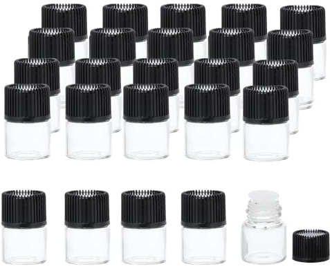 PATIKIL 1 ml flaskor för eteriska oljor, 20-pack genomskinliga glasflaskor med öppningsreducerare, provflaska, skruvlock, förvaring, flaskor, behållare, stil 1, svart