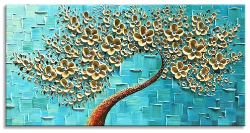 Fokenzary Handgemaltes Leinwandbild, abstrakte moderne Blumen, dicker 3D-Effekt, Messer, gerahmt, fertig zum Aufhängen50x100cm